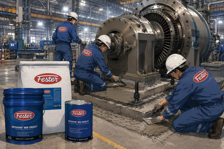 Instalación y anclaje de maquinaria pesada utilizando mortero epóxico Fester Epoxine 800 Grout en entorno industrial.