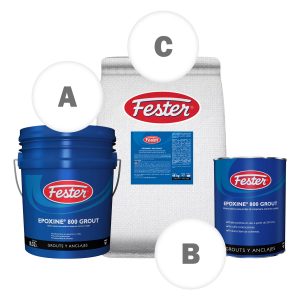 Presentación comercial de unidad de 112 kg de Fester Epoxine 800 Grout, mostrando cubeta y sacos de carga mineral.
