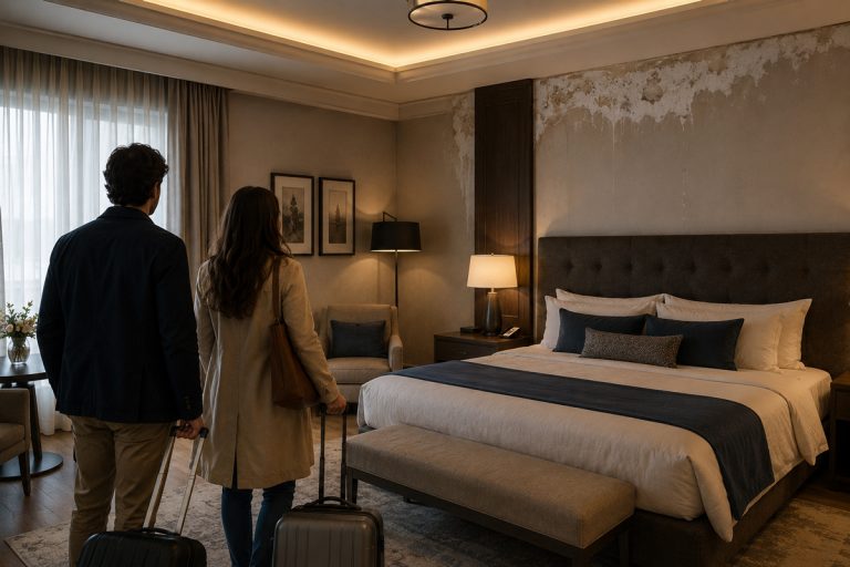 Huéspedes ingresando a una habitación de hotel de lujo donde se observa un severo problema de deterioro por salitre y humedad en el muro de fondo.