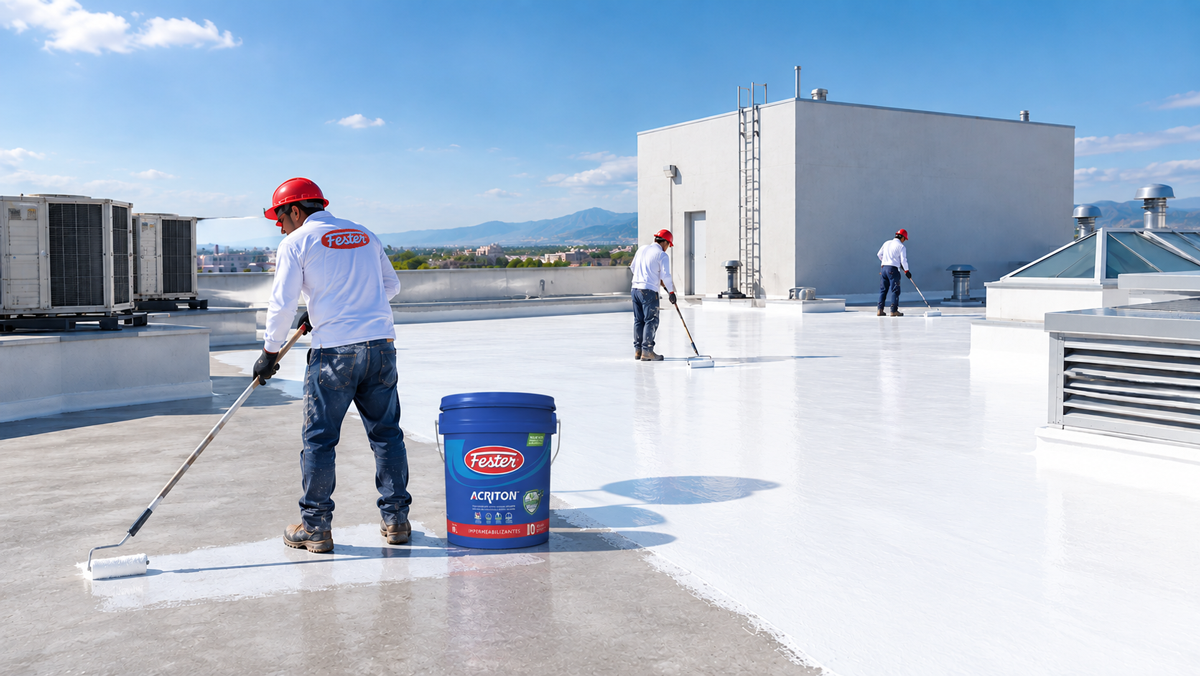 Aplicación profesional de impermeabilización acrílica en losas con acabado reflectivo blanco.