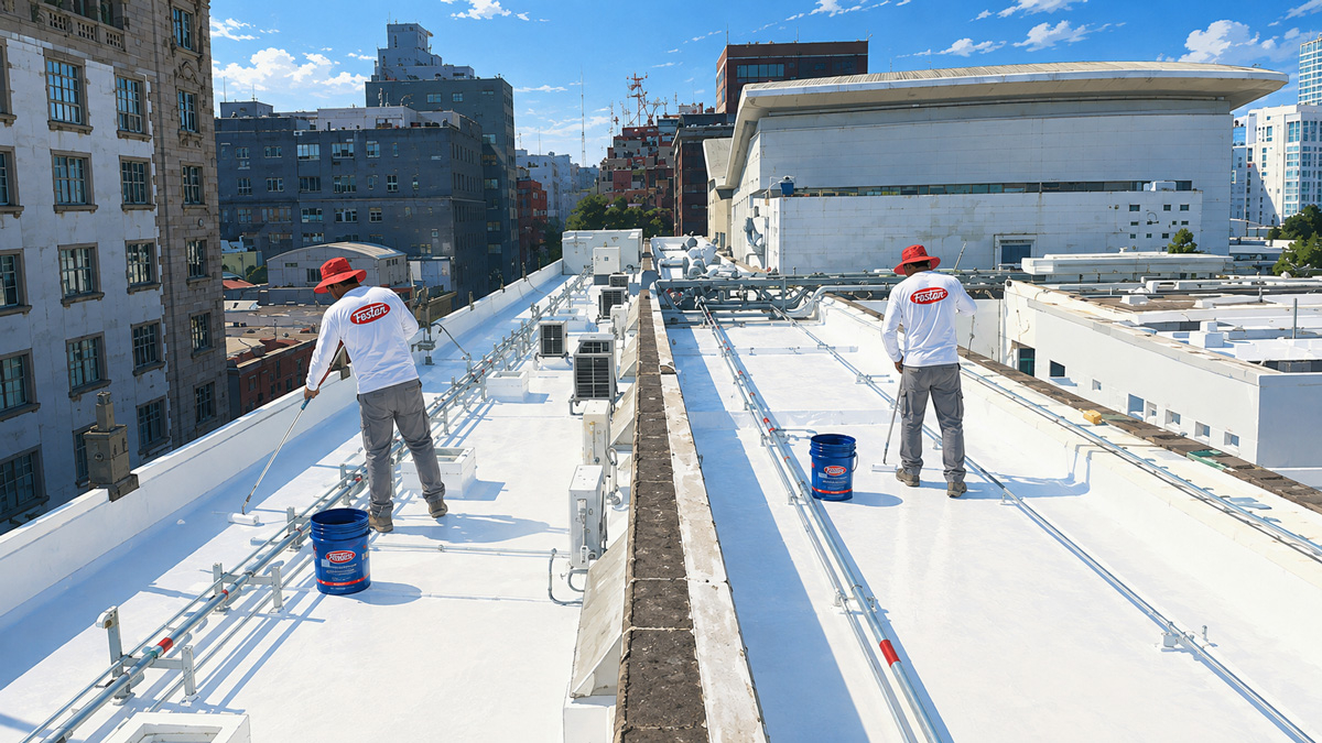Aplicación de impermeabilizante acrílico reflectivo color blanco en la cubierta de un proyecto arquitectónico para mejorar el aislamiento térmico.