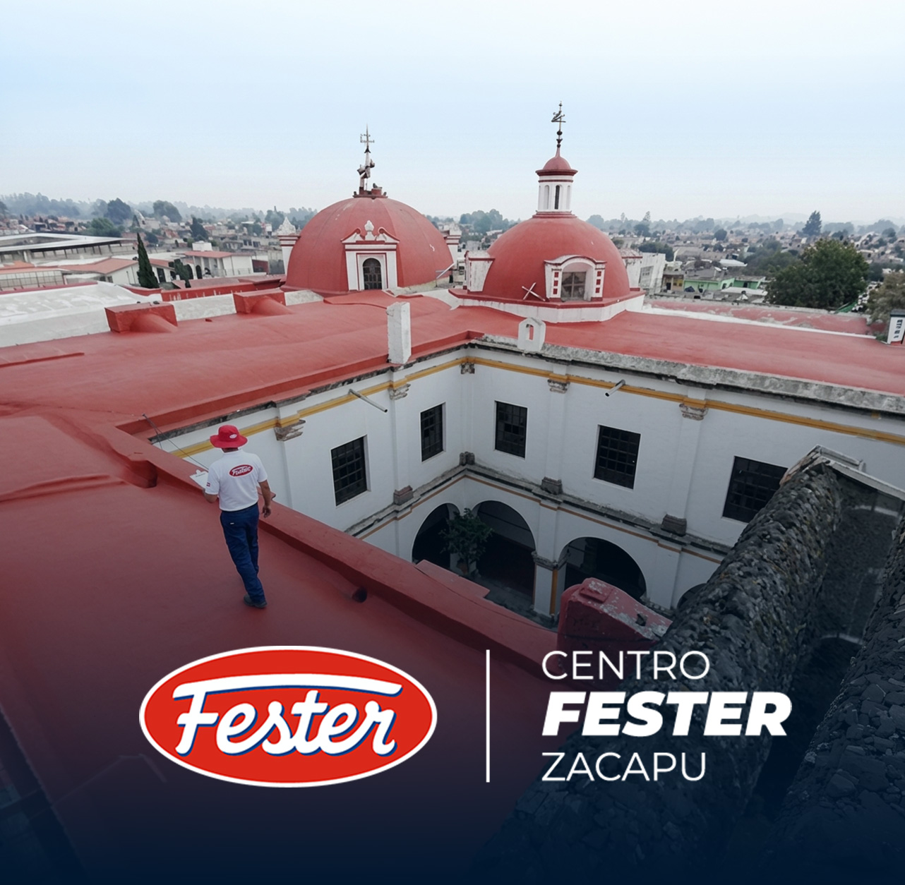 Vista aérea de las cúpulas y techos rojos de la Parroquia Inmaculada Concepción de Ozumba tras la aplicación del sistema impermeabilizante.