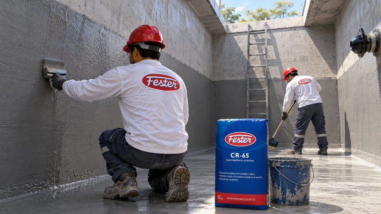 Aplicación de impermeabilizante cementoso Fester CR-65 en el interior de una cisterna de concreto para proteger agua potable.