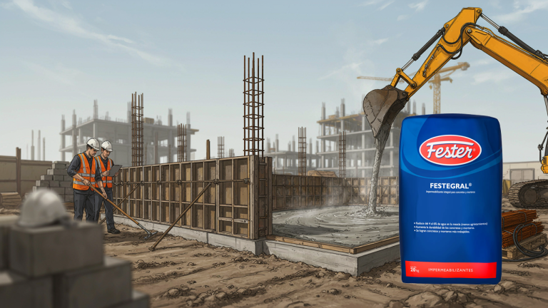 Vaciado de concreto fresco en cimentación con aditivos integrales para la impermeabilización estructural.