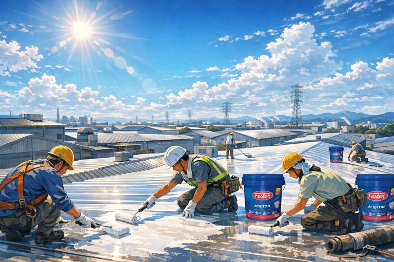 Aplicación de aislamiento térmico reflejante Fester Acriton en cubierta de nave industrial para eficiencia energética.