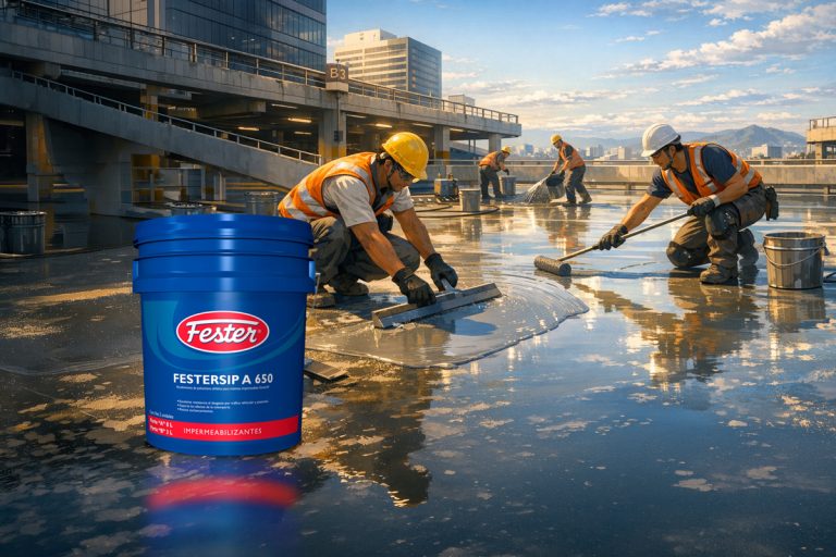 Aplicación de sistema impermeable para tráfico pesado y vehicular en losa de estacionamiento con productos Fester.