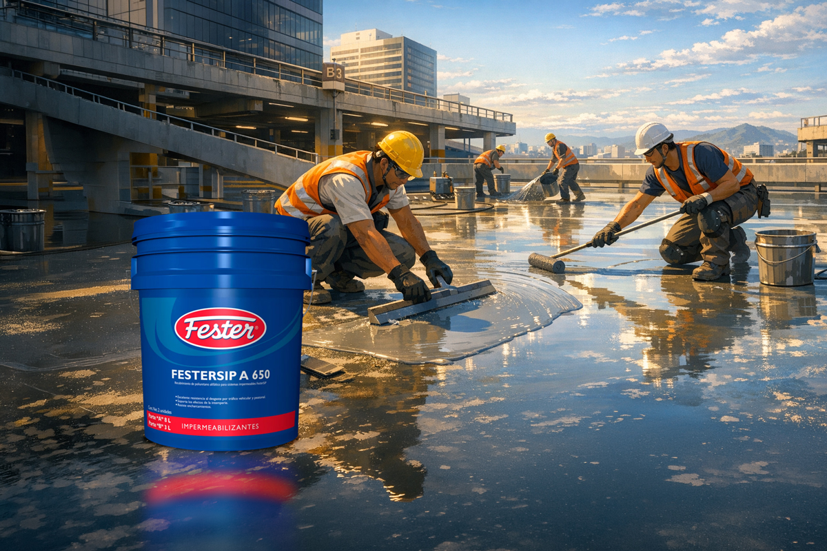 Aplicación de sistema impermeable para tráfico pesado y vehicular en losa de estacionamiento con productos Fester.