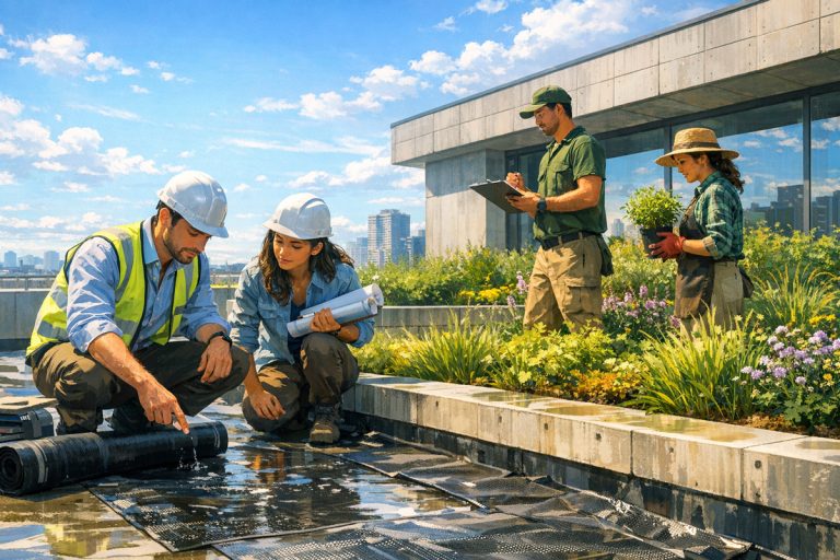 Aplicación de sistema impermeable antirraíz Fester en azotea verde y jardineras elevadas.